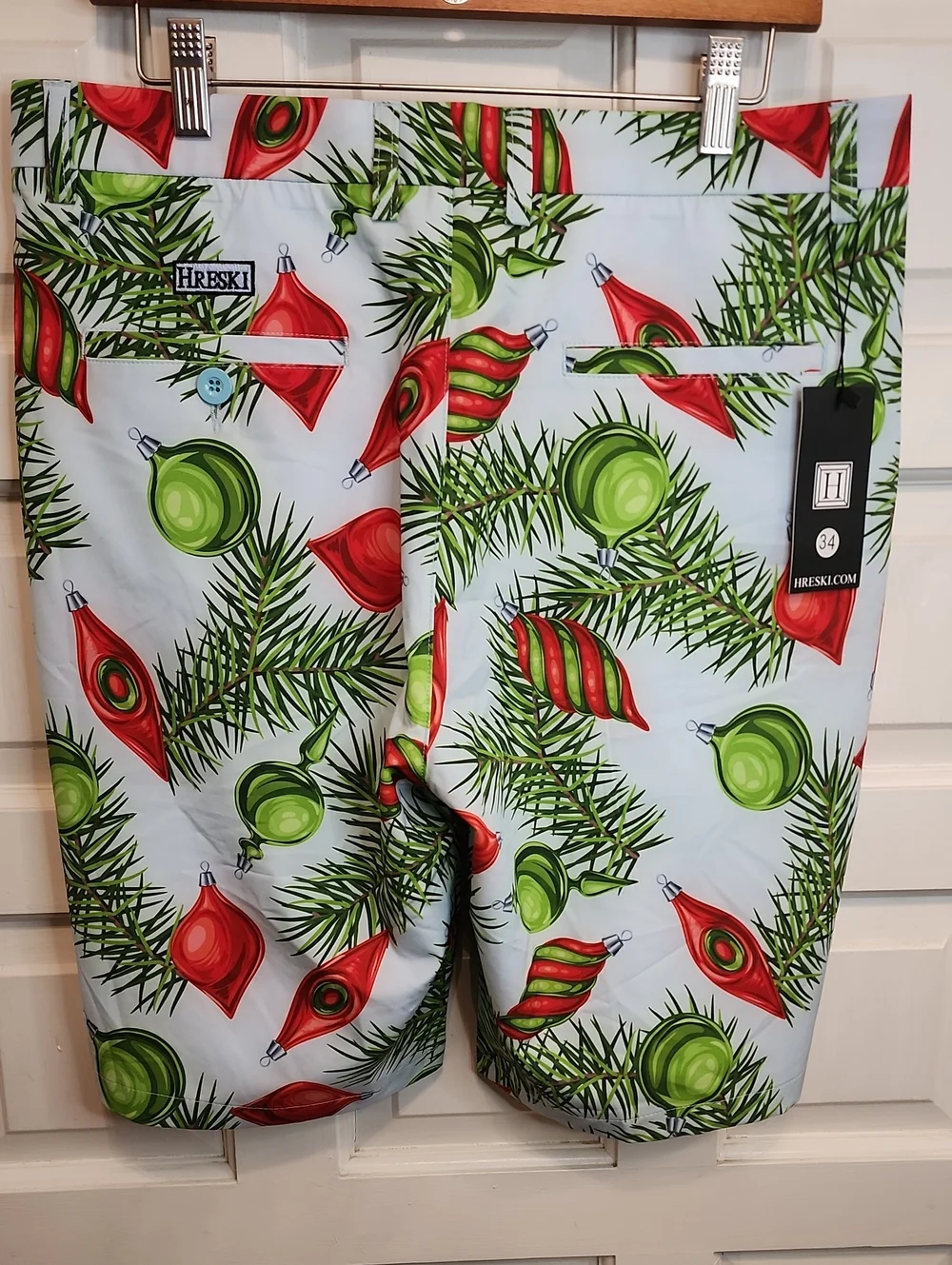 HERESKI Men's Holiday Ornament Swim Board Shorts Blue Red & Green & Pine Boughs